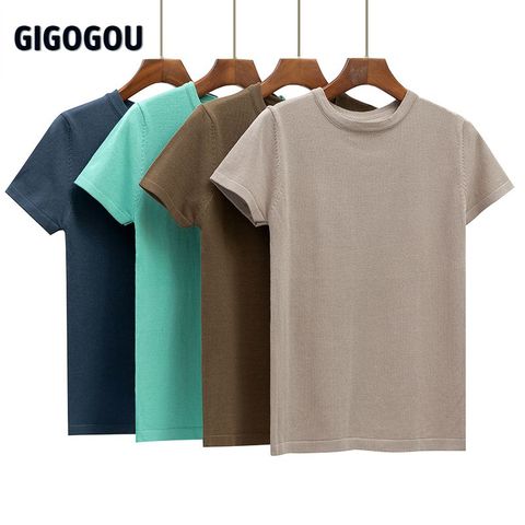 Camiseta básica de algodón GIGOGOU para verano, camiseta de manga corta tejida para mujer, camiseta transpirable de alta elasticidad con cuello redondo, camiseta femenina ► Foto 1/6