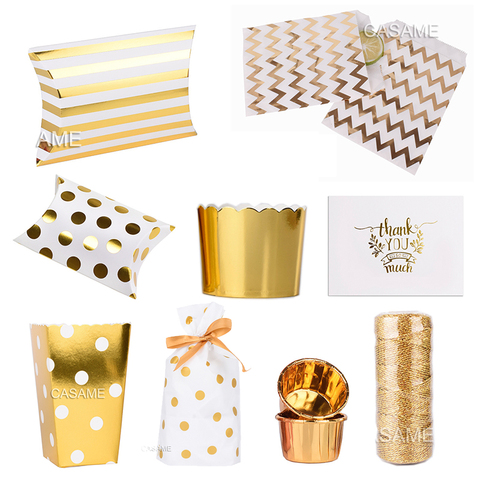 Cajas de Regalo de papel de aluminio dorados fiesta, caja de almohada para decoración de magdalenas, suministros para caja de caramelos ► Foto 1/6