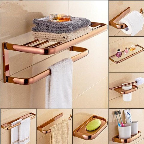 Latón Set de accesorios de baño rosa oro latón túnica gancho sostenedor de papel toalla Bar cesta de jabón toalla Rack set de accesorios de baño ► Foto 1/6