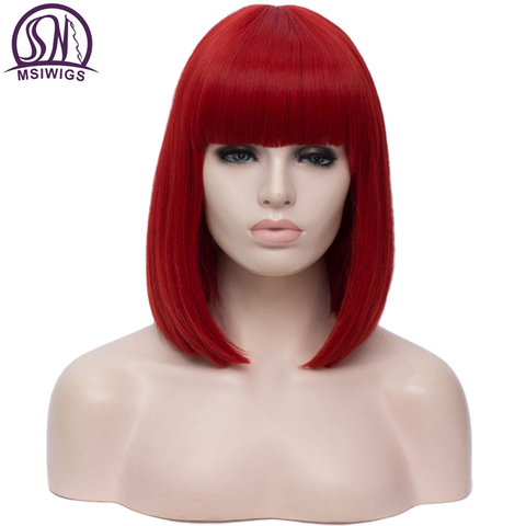 MSIWIGS-peluca sintética de Pelo Liso para mujer, Bob corto de 14 pulgadas, con flequillo, azul, dorado, rojo, negro, blanco, morado, verde marrón, Cosplay ► Foto 1/6