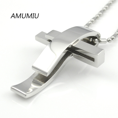 AMUMIU-colgante de acero inoxidable con Cruz de Color plateado para hombre y mujer, cadena, joyería, regalos de Navidad, venta al por mayor, KP101 ► Foto 1/6