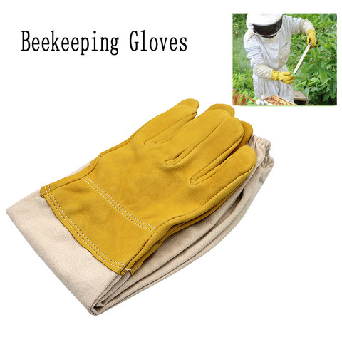 Guantes de apicultura con mangas protectoras, malla amarilla transpirable, de piel de oveja blanca y tela para apicultura cuidado de abejas, 1 par ► Foto 1/6