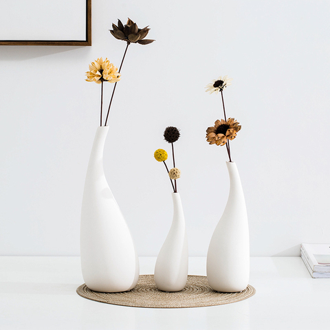 Jarrón de cerámica blanca mate para decoración de mesa, florero decorativo para flores secas, centro de mesa ► Foto 1/6