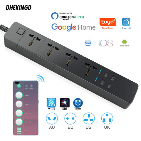 Tira de potencia inteligente WIFI Universal, funciona con alexa googlehome, enchufe múltiple de 4 tomas, 4 enchufes de CA, 4 contro de voz USB, Reino Unido/UE/EE. UU./AU ► Foto 1/6