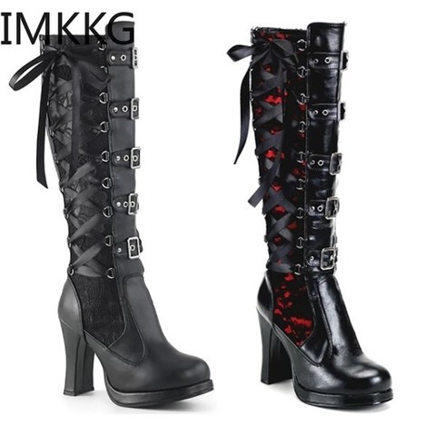 Botas altas de Cosplay para mujer, zapatos hasta la rodilla de tacón alto, de cuero, estilo gótico Punk, clásico, color negro, para invierno ► Foto 1/5