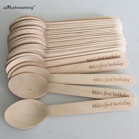 Cuchara de madera personalizada x50, cucharas grabadas biodegradables desechables, para pastel, cumpleaños, cena, respetuosas con el medio ambiente ► Foto 1/4