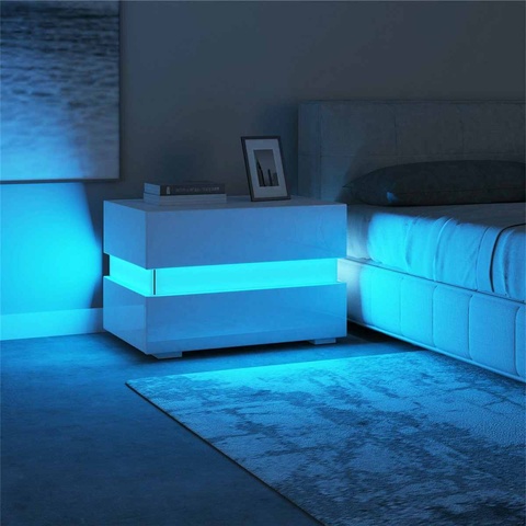 Mesita de noche con 2 cajones y luz LED moderna, armario de almacenamiento, mesita de noche, muebles de dormitorio, 20 colores ► Foto 1/6