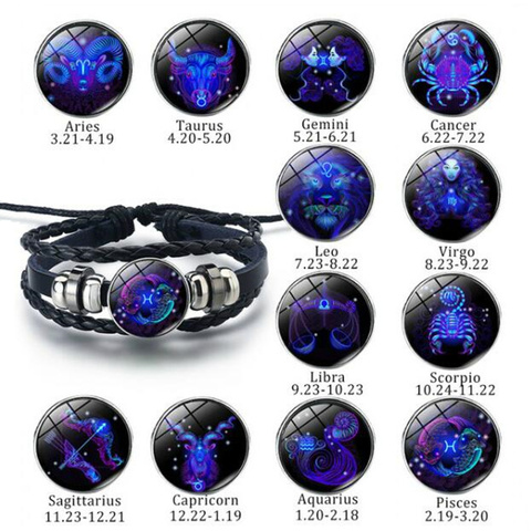 12 pulseras de constelaciones Punk negro pulsera de cuero pulsera del Zodíaco para hombres y mujeres Géminis, Cáncer, Leo Virgo brazalete Libra regalo ► Foto 1/6