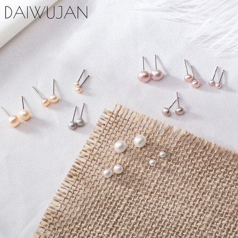 DAIWUJAN, pendientes de plata de ley 925 con pasador de perlas de 7mm/5mm/3mm, pendientes de perlas auténticas de agua dulce blanca y púrpura, joyería para mujer ► Foto 1/6