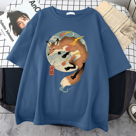 Camiseta con estampado japonés de zorro de dibujos animados de fuego para hombre, camiseta Linda Kawaii Harajuku Casual para hombre, camisetas de gran tamaño con cuello redondo para hombre ► Foto 1/6