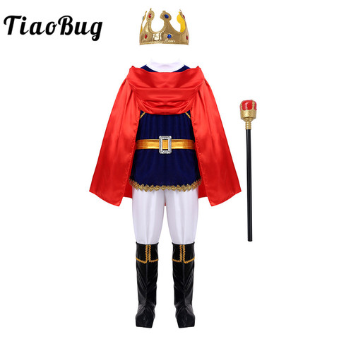 TiaoBug-Disfraz de Príncipe Medieval para niños, Tops con pantalones, cinturón, capa, cetro, cubiertas de zapatos, conjunto para Halloween, Cosplay, vestido de fiesta ► Foto 1/6