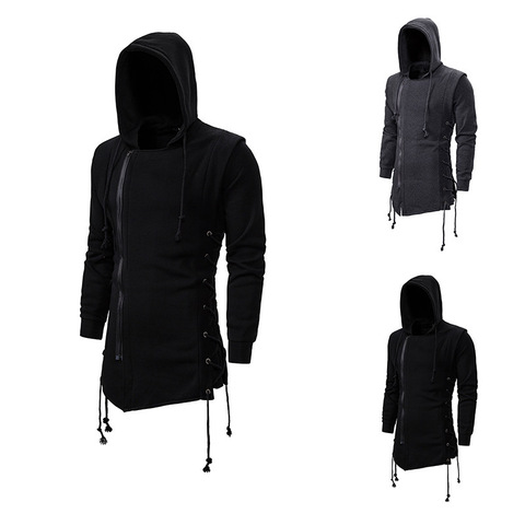 Assassin Ed Creed-Sudadera con capucha para hombre, abrigo suelto con capucha y cremallera con amarre lateral cruzado en negro y gris oscuro ► Foto 1/6