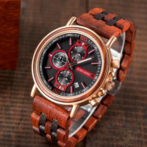 BOBO BIRD-reloj analógico de madera para hombre, accesorio de pulsera de cuarzo resistente al agua con cronógrafo, complemento Masculino de marca de lujo con diseño militar, perfecto para regalo, modelo OEM ► Foto 1/6