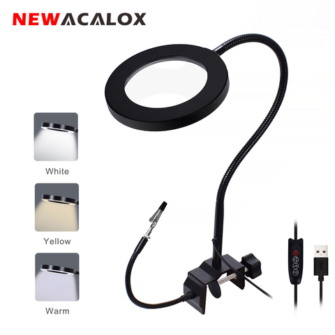 NEWACALOX 5X LED USB lupa con 2pc flexibles de soldadura titular iluminado lupa soldadura herramienta de tercera mano ► Foto 1/6