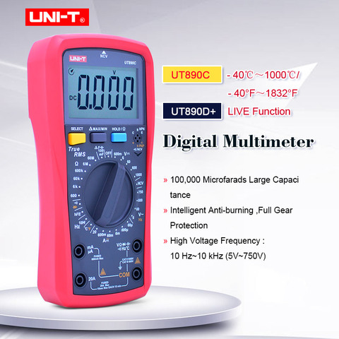 Multímetro Digital UNI-T UT890C UT890D + valores eficaces verdaderos, medidor de corriente de voltaje AC DC, capacitancia de resistencia, medida de frecuencia ACV, LCD, NCV ► Foto 1/6