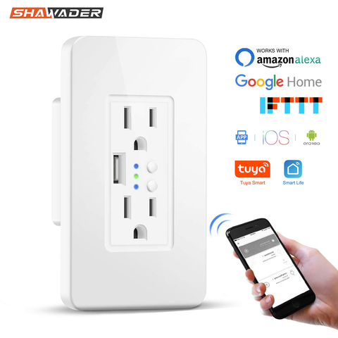 Tomacorrientes de pared inteligente WiFi, caja de enchufes eléctricos de EE. UU. Con cargador USB, interruptor independiente de 15A, Control remoto por Alexa Google Home ► Foto 1/6