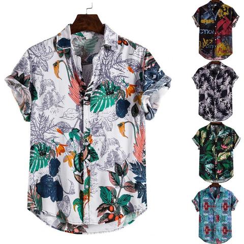 De manga corta de lino camisa de los hombres de verano Floral suelto Casual holgados de fiesta hawaiana camisa Tee Tops botones blusa estilo nacional ► Foto 1/6