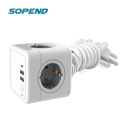 Sopend-toma de corriente PowerCube, enchufe europeo de pared con 4 tomas, 2 USB, un interruptor, puertos tipo C, Cable de extensión de 1,5 m, cargador múltiple ► Foto 1/6