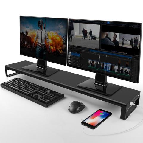 Soporte de Monitor Dual de aluminio elevador de Metal con USB 3,0 Hub Compatibilidad de puertos transferencia de datos, teclado y ratón Escritorio de almacenamiento ► Foto 1/6