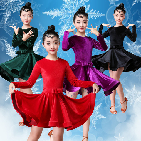 Vestido de baile latino de manga larga de terciopelo para niñas y niños, ropa de baile de salón, Tango, Salsa, práctica, Cha ► Foto 1/6