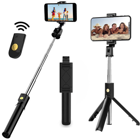 Bluetooth Selfie Stick 3 en 1 palo de Selfie extensible trípode Bluetooth con soporte de teléfono y mando a distancia para teléfono inteligente ► Foto 1/6