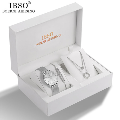 IBSO-Conjunto de reloj de cuarzo con diseño de cristal para mujer, conjunto de pulsera, collar y reloj, joyería femenina, conjunto de plata de moda, regalo para mujer ► Foto 1/6