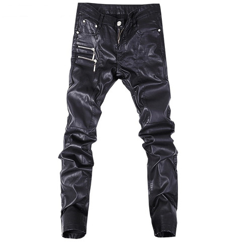 Pantalones rectos de piel con cremallera para hombre, ropa de costura con cremallera, de cuero, color negro, moda juvenil, pantalones de cuero para motocicleta, 2022 ► Foto 1/6