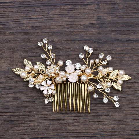 Peinetas de hojas de Color dorado, joyería de diamantes de imitación, peine de perlas, tiara para mujer, Boda nupcial, accesorios de joyas para el pelo SL ► Foto 1/6