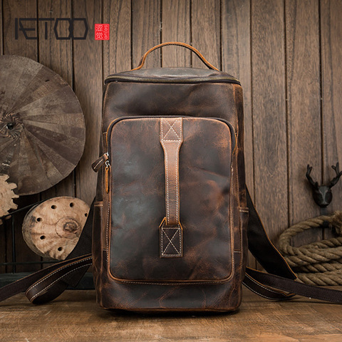 AETOO-Mochila De cuero Crazy Horse hecha a mano para hombre, bolsa de viaje de cuero de gran capacidad, informal ► Foto 1/6