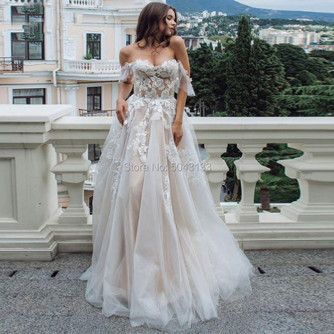 2022 Sexy escote con forma de corazón de encaje Appliques A Line vestidos de novia de hombro sin mangas vestido de novia con tul para novias vestido Formal ► Foto 1/6