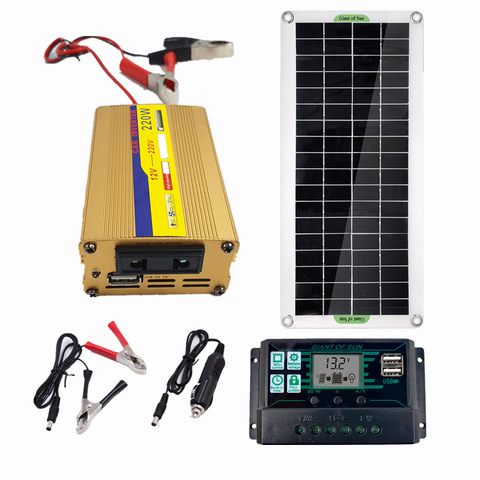 Sistema de energía Solar de 220V, controlador de 30W, 60A, cargador de batería de Panel Solar de 220W, inversor, Kit USB, red completa de Camping para el hogar ► Foto 1/1