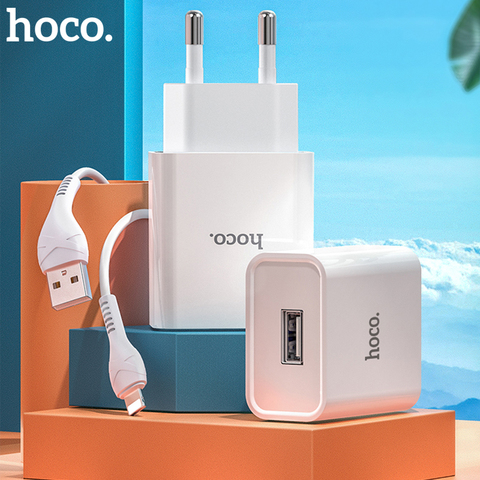 Hoco-cargador USB de viaje con enchufe europeo, adaptador de carga rápida 2A para iPhone 11 12 7 8, cargador de teléfono móvil con Cable para Samsung Xiaomi ► Foto 1/6