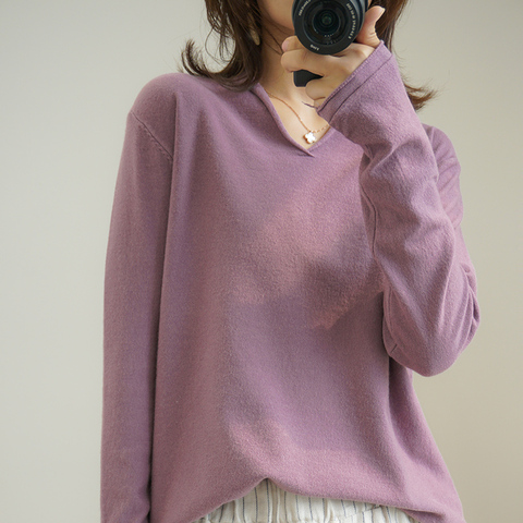 Suéter suelto de punto con cuello en V para mujer, jerseys de talla grande, tops de lana ► Foto 1/6