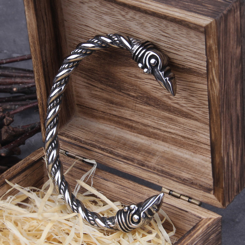 Pulsera de cuervo de acero inoxidable para hombre, brazalete ajustable con caja de madera vikingo Nórdico ► Foto 1/6