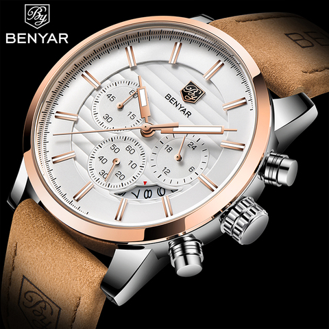 Benyar-reloj deportivo de lujo para hombre, cronógrafo de cuarzo, de cuero, resistente al agua, nuevo ► Foto 1/6