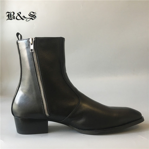 Botas de negocios de piel auténtica para hombre, botines con cuña delgada, con cremallera, tacón alto de 4cm, para boda, color negro y calle ► Foto 1/6