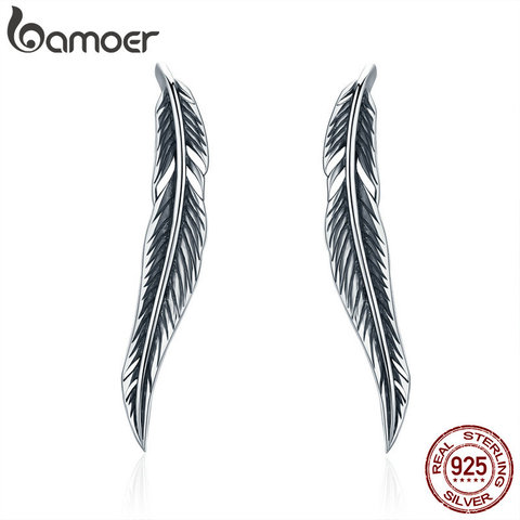 BAMOER auténtica plata esterlina 925 Vintage alas de plumas Cuff pendientes para las mujeres pendientes de plata de ley joyería SCE258 ► Foto 1/6