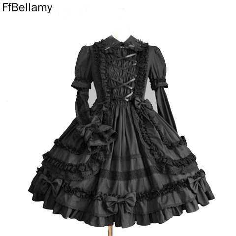 Vestido de Lolita gótica negra para mujer, vestido Cosplay Punk de Lolita, Vestido largo de satén de manga hasta la rodilla, detalles del producto ► Foto 1/6