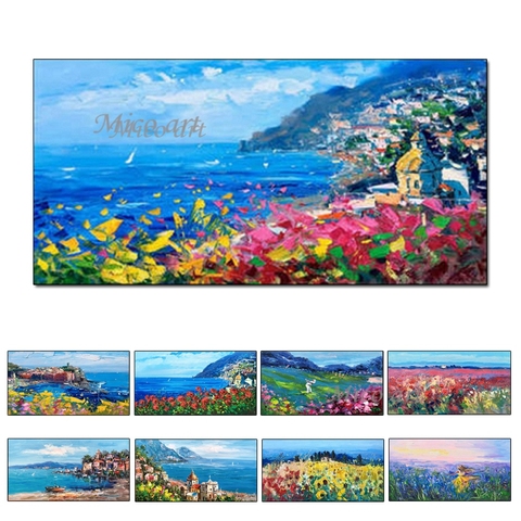 Pintura al óleo a mano de 100%, hermoso cielo azul y cuadro de paisaje mediterráneo sobre lienzo de sala de estar ► Foto 1/6