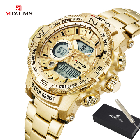 Reloj Digital de cuarzo para hombre, con pantalla LED cronógrafo deportivo, resistente al agua, estilo militar, a la moda, de acero dorado ► Foto 1/6