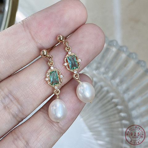 Pendientes de plata de ley 925 para mujer, aretes de cristal de esmeralda de estilo palaciego, borla de perla Simple, gama alta, regalo de joyas de fiesta ► Foto 1/6