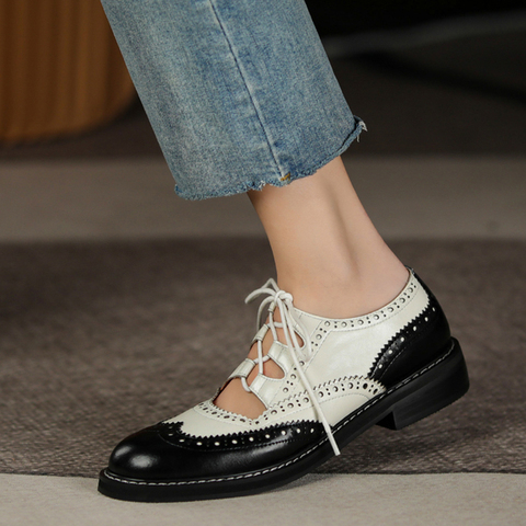 Zapatos Oxford de piel auténtica con punta redonda para mujer, mocasines informales con cordones, color blanco y negro, 2022 ► Foto 1/6