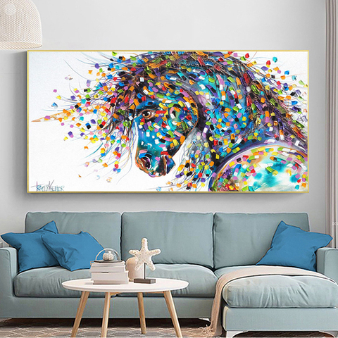 Pintura en lienzo de arte confiable, cuadros de animales de caballo colorido abstracto, arte de pared para sala de estar, decoración moderna para el hogar sin marco ► Foto 1/6