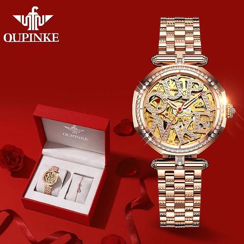 Reloj automático de lujo de marca OUPINKE, caja de acero en oro rosa, relojes de vestir de moda, relojes de pulsera mecánicos transparentes de esqueleto para mujer ► Foto 1/6