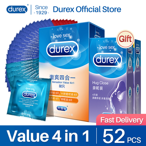 Durex-Condones de alta calidad para hombre, preservativo ultra fino con 4 tipos sensación, lubricados anticonceptivo, ajuste íntimo y cómodo, juguetes sexuales de látex, paquete de 100/64/52 unidades ► Foto 1/6