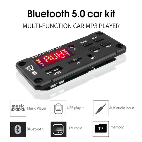 Bluetooth 5,0 Radio de coche MP3 jugador decodificador 5V-12V manos libres compatible con grabación FM SD TF tarjeta AUX con micrófono de Audio Modul ► Foto 1/6