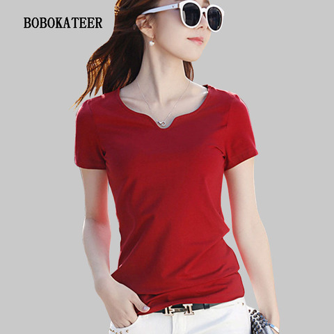 BOBOKATEER cuello pico camiseta mujer 2022 manga corta top Mujer tops algodón talla grande mujer ropa verano camiseta mujer camiseta ► Foto 1/6