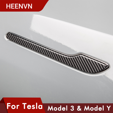 Heenvn-cubierta de abrigo de mango de puerta para Tesla, modelo 3, pegatina de Protector de fibra de carbono, accesorios Model3, modelo Y tres, 2022, 4 Uds. ► Foto 1/6