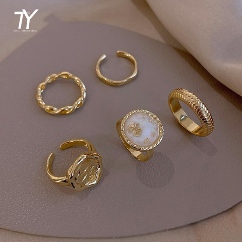 Anillo de oro y Metal para mujer, conjunto de cinco unidades de anillos de combinación para mujer, joyería de moda de lujo para fiesta, anillo inusuales para chica ► Foto 1/6