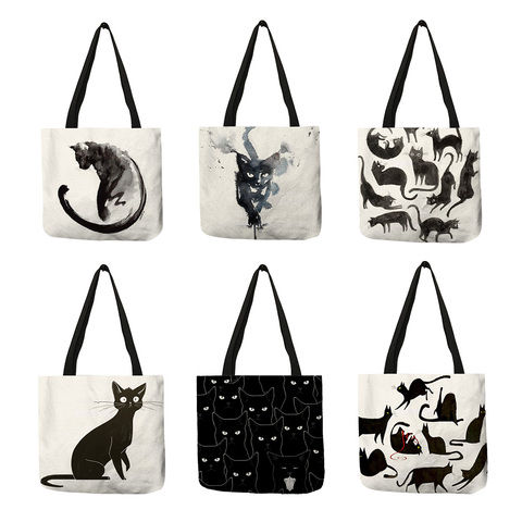 Señora nueva bolsos de diseño Sumi negro gato impreso tela de lino bolso Eco compras oficina reutilizable bolso de hombro Casual ► Foto 1/6